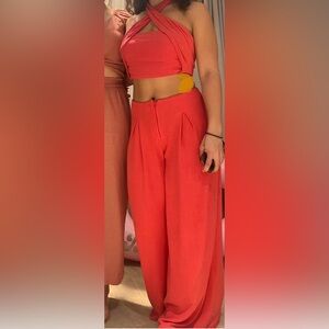 ASOS Women's Vibrant Coral Wide Leg Pant Set